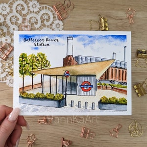 Londen aquarel ansichtkaart, Battersea Power Station, Northern Line, kunstprint