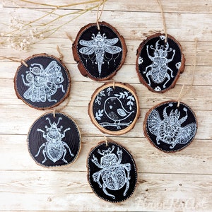 Handpainted wood slice, hanging decoration, bugs, beetles, dragonfly