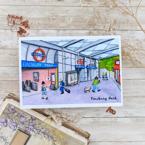 Cartão postal aquarelado de Londres, Finsbury Park, Piccadilly Line, impressão artística