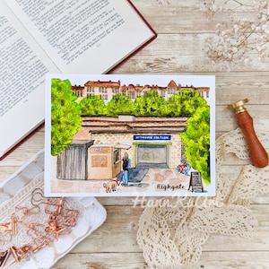London watercolour postcard, Highgate station, Northern line, art print
