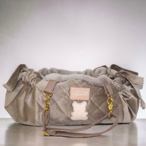 Luxury dog bag beige velvet. A chic designer dog bag. This chihuahua bag, dachshund bag or cat carrier can be transformed in velvet dog bed