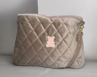 Luxury dog carrier beige velvet. This dog bag holder is the must have if you need a little dog fashion accessory from a designer dog bag