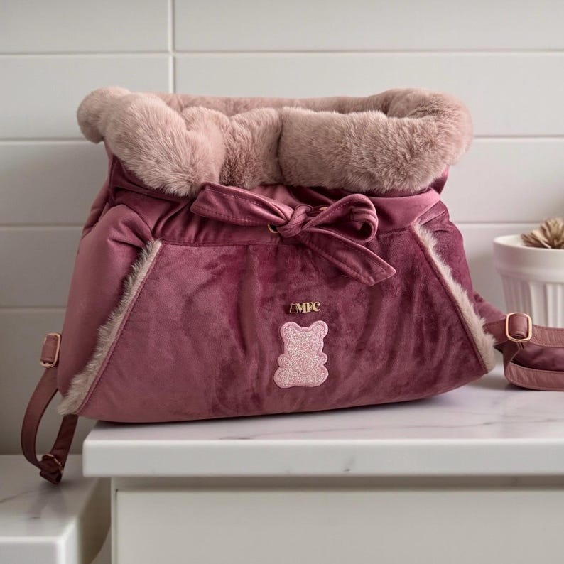 Dog bag bag pack personnalized, pet carrier, small dog, dog sling carrier made with waterproof velvet and leopard eco-fur. A luxury dog bag image 13
