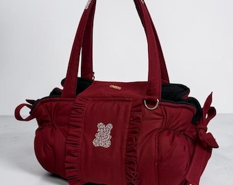Luxury burgundy dog bag 100% cotton, handmade with rhinestones. Perfect summer dog carrier. Designer dog carrier. Mini to L size.