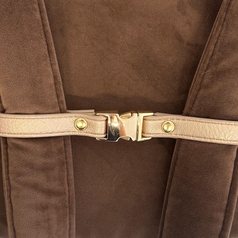 May include: Close-up of a brown velvet fabric with a gold-colored buckle and strap. The strap is a light gold color and is secured with a gold-colored metal buckle. The velvet fabric is a rich brown color.