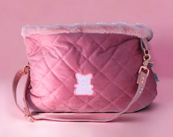 Luxury dog carrier pink velvet. Perfect dog bag if you are searching a chihuahua bag or dachshund bag and if you love girly dog accessories