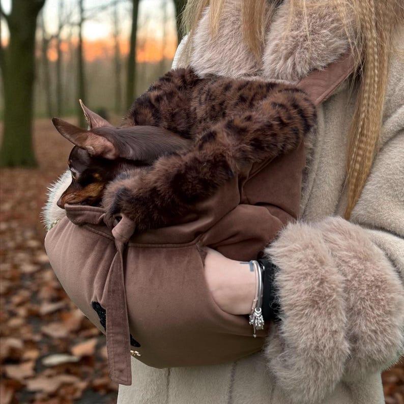 May include: A brown pet carrier with a faux fur lining, holding a small brown and black dog. The carrier is held by a person wearing a light brown coat with faux fur trim. The dog is nestled inside the carrier.