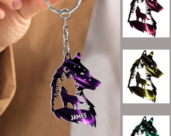 Wolf In Forest Personalized Acrylic Keychain, Custom Name Wolf Keychain, Wolf Lovers Gift, Wolf Accessories