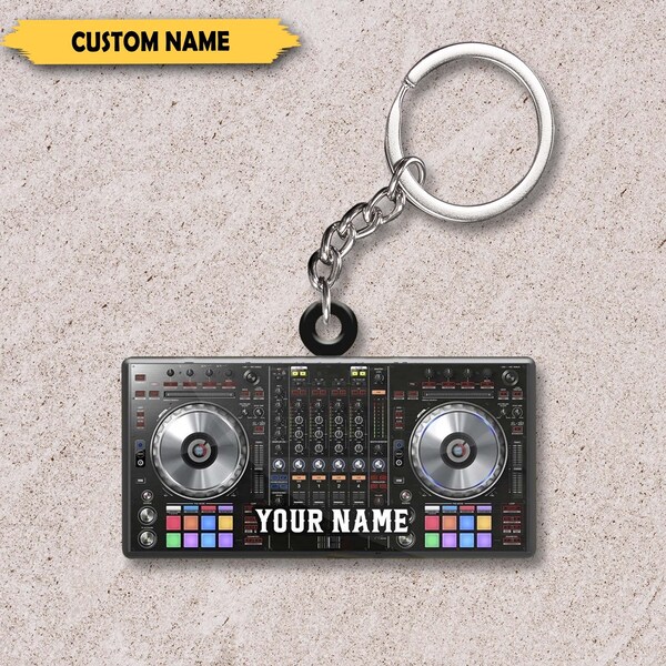 DJ Turntable Shaped Flat Acrylic Keychain, DJ Car Ornament, Custom Name Gift For DJ, Deejay Keychain
