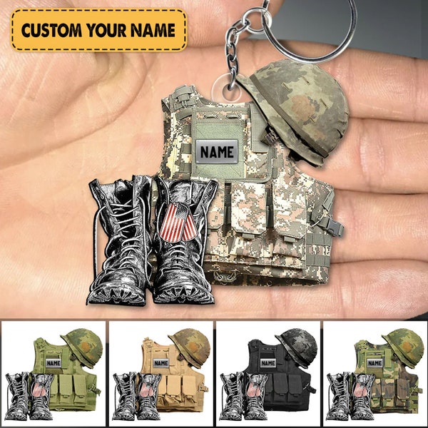 Personalized Keychain Military Veteran Uniform, Tactical Combat Vest, Combat Boots & Helmet, Acrylic Keychain For Army Military Veteran