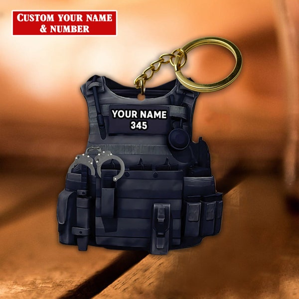 Personalized Police Bulletproof Vest Keychain, Police Uniform Keychain, Police Custom Name And Number, Policeman Gift