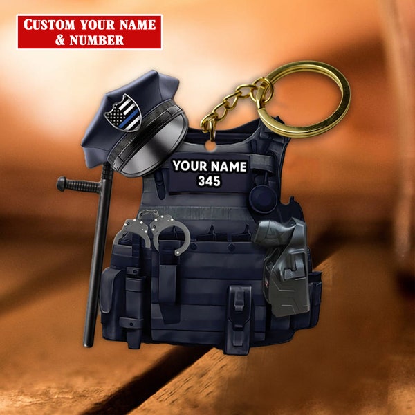 Personalized Police Hat & Bulletproof Vest Keychain, Police Uniform Keychain, Police Custom Name And Number, Policeman Gift