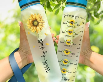 Personalized Name Motivational Water Bottle With Time Marker,God Says You Are Sunflower Faith Sunflower,Hippy Sunflower  Bottle 32oz