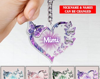 Personalized Grandma Butterfly Heart Acrylic Keychain, Custom Kid's Name, Gift For Mom Grandma, Nana Mimi Keychain, Grandma Birthday Gift