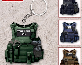 Personalized Police Bulletproof Vest Keychain, Police Various Color Uniform Keychain, Police Custom Name & Number, Police Honor Gift