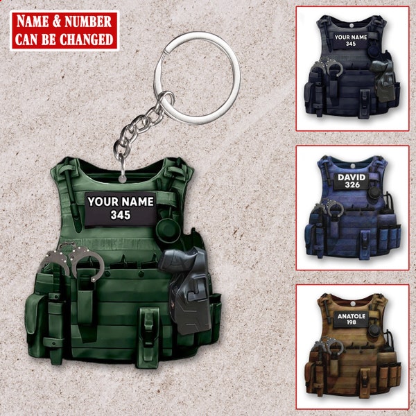 Personalized Police Bulletproof Vest Keychain, Police Various Color Uniform Keychain, Police Custom Name & Number, Police Honor Gift