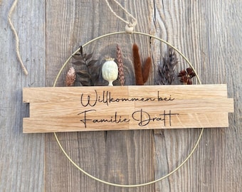 Door wreath with dried flowers | Decorative wreath all year round | Welcome wreath engraved | Door decoration outside inside | Personalizable