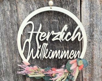 Willkommensschild | Trockenblumenkranz | Türkranz Trockenblumen mit -Herzlich Willkommen- Schriftzug | Herzlich Willkommen Türhänger