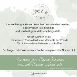 May include: A graphic with the text "Mikas Laserart" in a circular logo, along with text in German. The text includes phrases about personalized designs and creating moments of joy. The background has a watercolor effect.