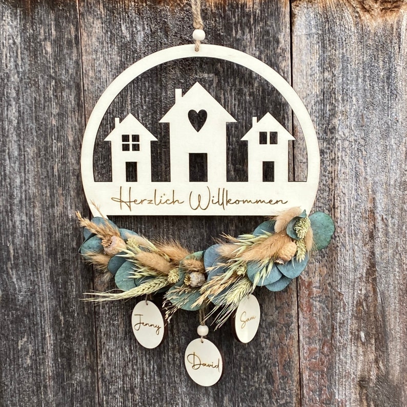 Door wreath personalized Door wreath dried flowers Welcome door wreath Welcome sign front door Door wreath with name tag image 4