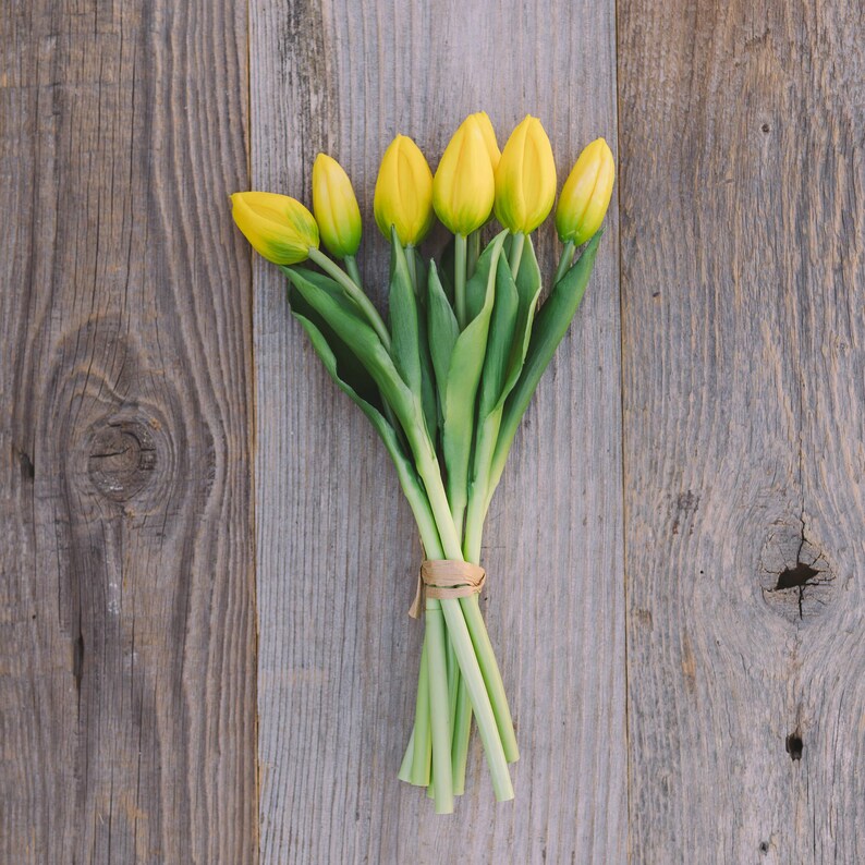 May include: A bouquet of six yellow tulips with green stems and leaves, tied together with twine. The flowers are arranged on a weathered, gray wooden surface.