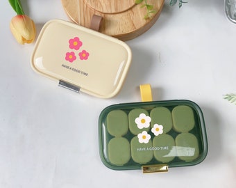 Three Flowers Pill Box Organiser, Flower Floral Pill Box, Styles of Flower Pill Boxes, Green Medicine Pill Box, Weekly Organizer Pill Case