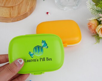 Blue Butterfly Pill Box for Purse, 8 Slots White Pill Case,Travel Pill Organizer with Butterflies and Monograma,Retro Pill Case,Pill box Art