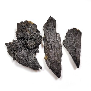 Puede incluir: Tres especímenes minerales negros, formados naturalmente, con una textura estriada y cristalina. Los especímenes están dispuestos en una fila sobre un fondo blanco.