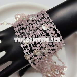 Pink Rosary Chain, 3.5 mm Pink Chalcedony Crystal Bead, Rondelle Beaded Chain, DIY Jewelry Making, Religious Chain, Sold By Feet