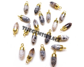 May include: A collection of 17 white and grey agate gemstone pendants with gold-plated jump rings. The pendants are in the shape of a teardrop with a pointed tip.