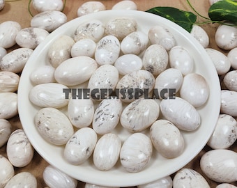 May include: A white plate filled with white and gray oval-shaped stones. The stones have a natural, rough texture. The plate is surrounded by more stones.