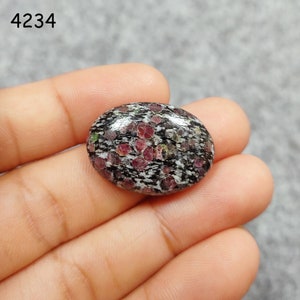 May include: A close-up of a black and white oval cabochon with red and green inclusions. The cabochon is being held in a hand.