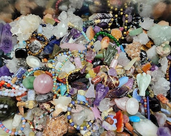 WITCHY MYSTERY SCOOP-Romantic Goth, Crowcore, Dark Academia Grab Bag-Trinkets, Beads, Charms, Chip Jars, Tumbled Stones, Cabochons, Gift Box