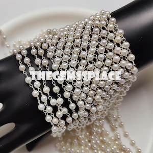 50Ft White Pearl Beading Chain, 925 Sterling Silver Plated Beaded Chain, Necklace Chain, Bulk for Jewelry Making, Wholesale Bulk Chain