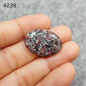 Może przedstawiać: Owalny kamień szlachetny w szlifie kaboszonowym z czarno-białym wzorem w kropki i małymi różowymi wtrąceniami.