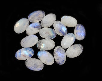 17 Pcs Blue Fire Faceted Moonstone Loose Gemstone, Oval Shape Moonstone Cabochon, Gemstone for Jewellery Making, Gift For Her, Birthstone