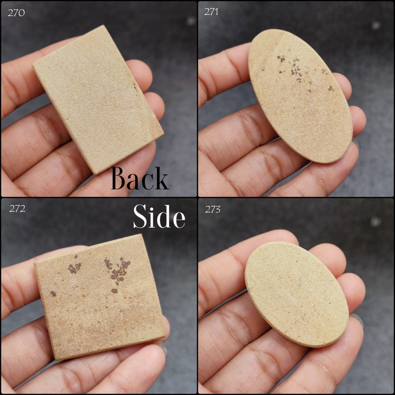 May include: Four images showing a light brown oval and square shaped stone with brown flecks. The images show the stone from the side, back, and two different angles of the front.