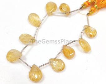 Natural Citrine Leaf Carved Gemstone Briolettes, Smooth Yellow