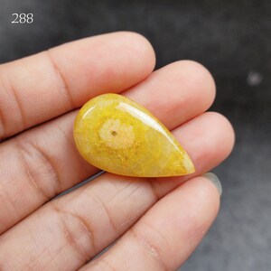 May include: A teardrop-shaped yellow gemstone with a white and pink flower-like pattern inside.