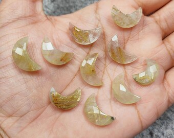 10 Pcs Lot Natural Golden Rutile Moon Shape Briolettes, Natural Rutilated Quartz Faceted Moon Shape Gemstone, Loose Handcarved Crescent Moon
