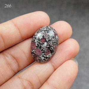 Peut inclure: Gros plan d'un cabochon ovale noir et blanc avec des inclusions rouges et roses. Le cabochon est monté sur une bague en argent.