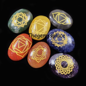 Chakra Oval Gemstone Set, Purse, 7 Chakra Stones, Chakra Grid Set, Engraved Disc Set, Chakra Symbols, Healing Gemstone Gift, Gift Gemstone