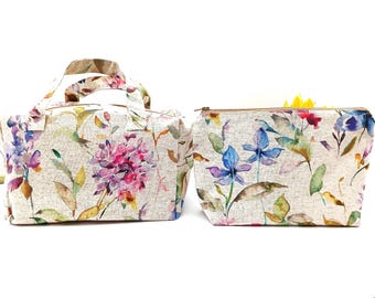 Juego de 2 neceseres artesanales. Neceser con cremallera de algodón reciclado y lino orgánico. Bolsa con forro impermeable. Set de regalo de maquillaje para niñas.