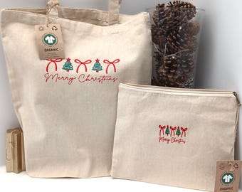 Eco‑friendly Cotton Canvas Tote And Pouch Set With Charming Embroidered Christmas Trees and Merry Christmas. Durable, Irresistibly Festive.