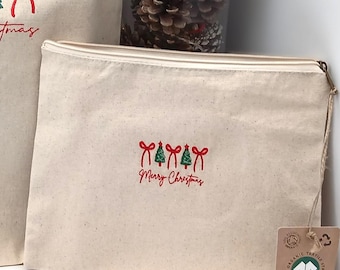 Eco Cotton Canvas Zipped Pouch With Delicate Embroidered Christmas Tree And Bow Motif. Strong, Functional And Stylish Gift.