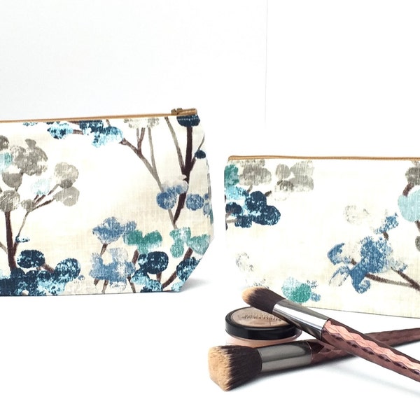 Women's Handmade Matching Cosmetic Gift. Cute Tree Print Makeup Set. Unique Cotton Zipped Toiletry Bags. Lined In A Water Resistant Fabric.