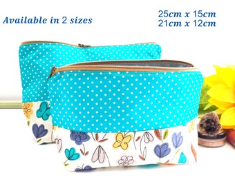 Neceser artesanal para mujer. Neceser de maquillaje con cremallera, tejido floral color jade. Neceser impermeable con forro. Bolsa de regalo para niñas.
