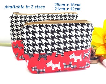 Neceser artesanal para mujer. Neceser clásico de tela con estampado de pata de gallo/perro escocés. Neceser forrado e impermeable. Bolsa de regalo con cremallera.