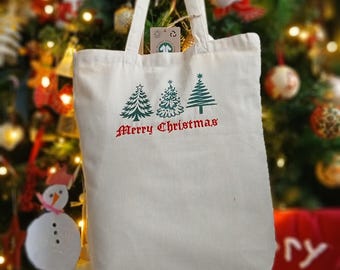 Bolsa de árbol de Navidad bordada. Bolsa de lona de algodón ecológica en rojo y verde festivo. Bolsa de regalo resistente.