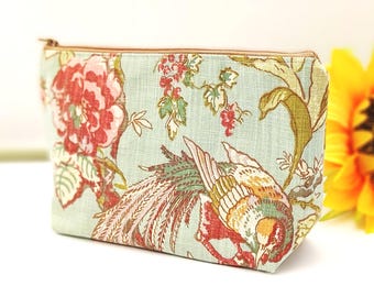 Handcrafted Cosmetic Bag. Zipped Cotton Toiletry Pouch. Duck Egg Blue Floral Makeup Bag. Wipe Clean Water Resistant Lined Washbag.